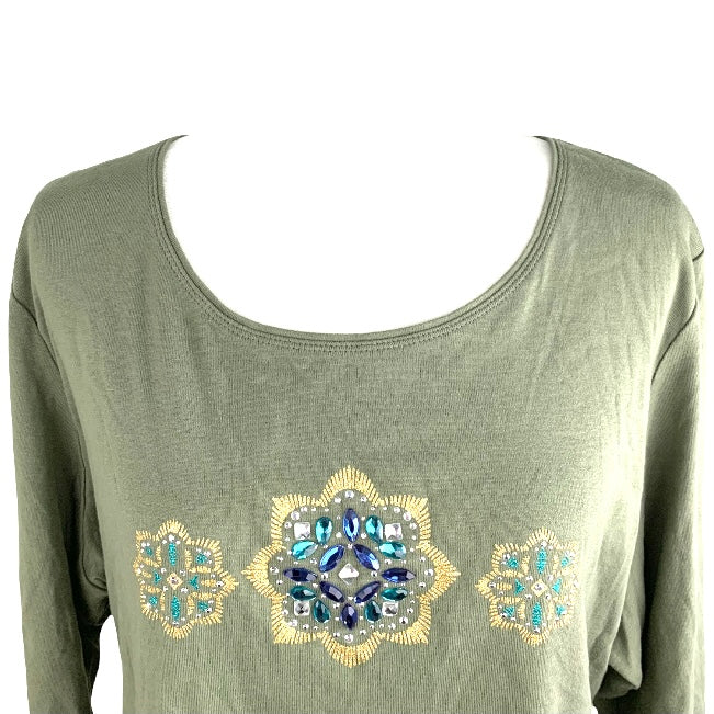 Olive Green ¾ Sleeve Plus Size 2X Scoop Neck Women's Sweaters