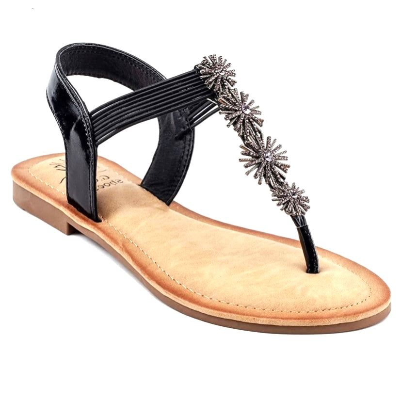 Carlie T-Strap Size 7 Black Slip On Open Toe Flat Women's Sandals