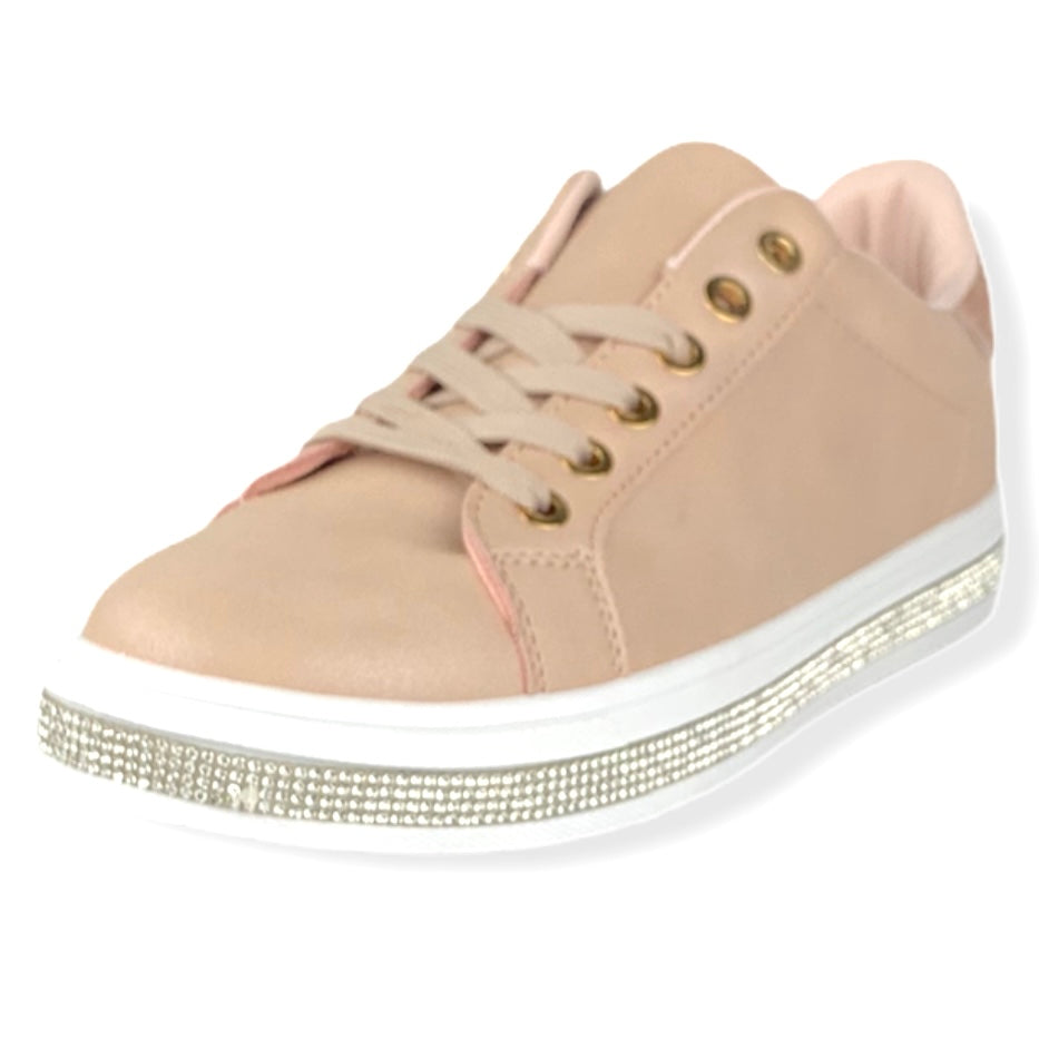 Pink/Rhinestone Faux Leather Lace-Up Size 7 Women's Sneakers