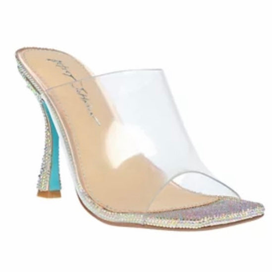 Silver Rhinestone Stiletto Heel Square Toe Clear Upper Women's Dress Sandals