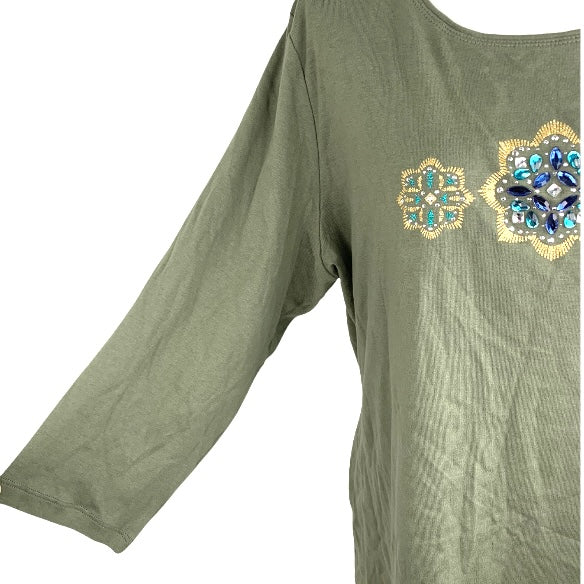 Olive Green ¾ Sleeve Plus Size 2X Scoop Neck Women's Sweaters