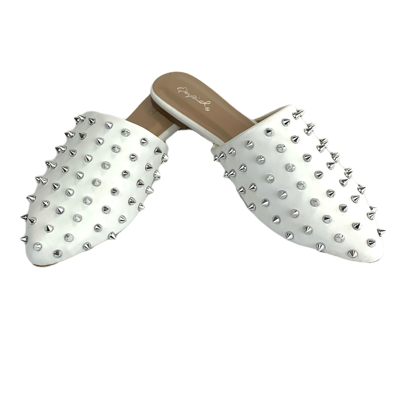 Spike Studded Women's White Flats Pointed Toe Mules