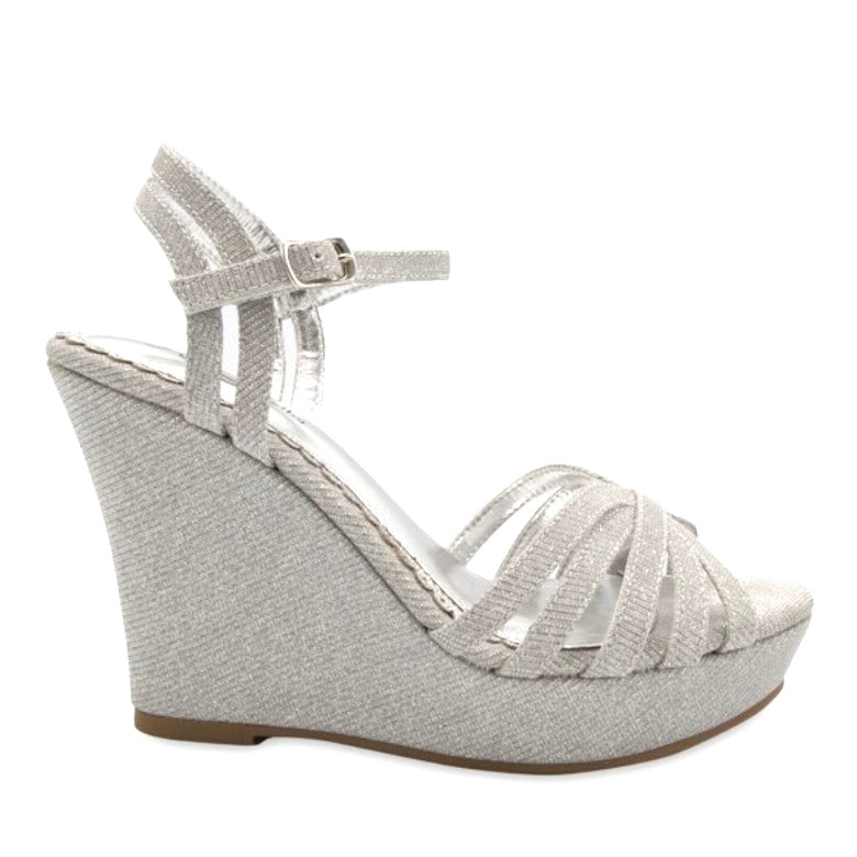 CAPRICORN Silver Metallic Ankle Buckle Wedge Heel Size 8.5 Women's Sandals