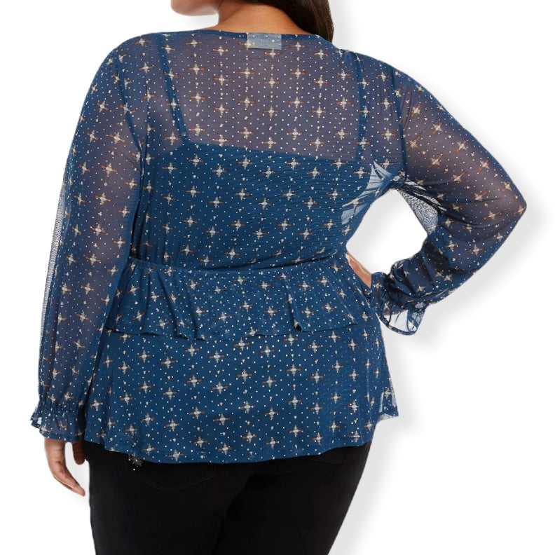 Plus Size Ruffle-Front Mesh Top Blue Long Sleeve Women's Blouses