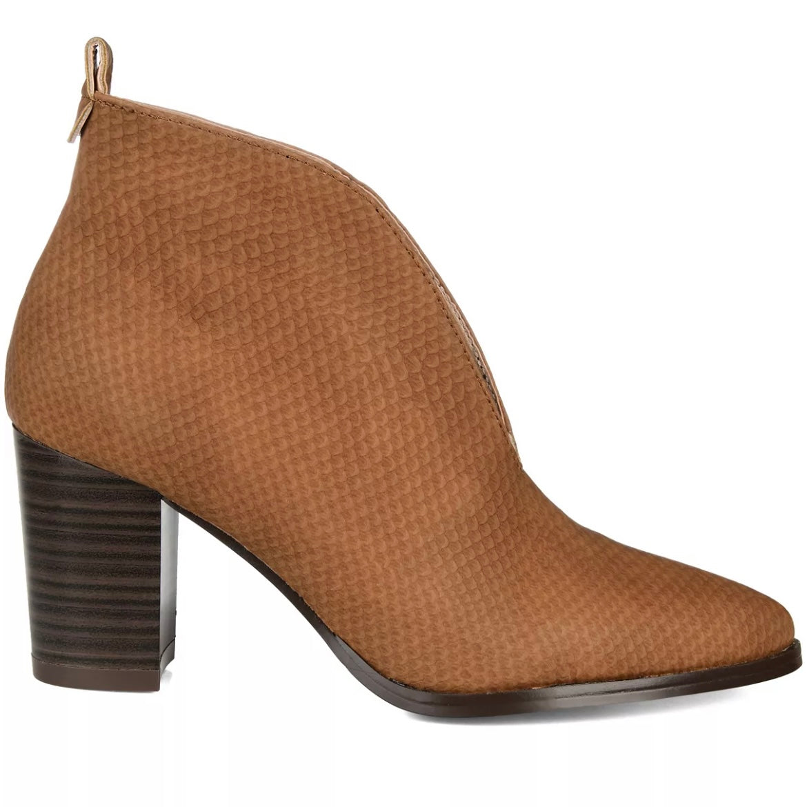 BELLAMY Tan Pull On Block Heel Almond Toe Booties Women's Ankle Boots