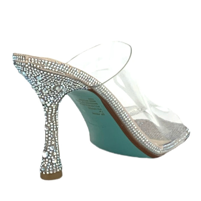 Silver Rhinestone Stiletto Heel Square Toe Clear Upper Women's Dress Sandals