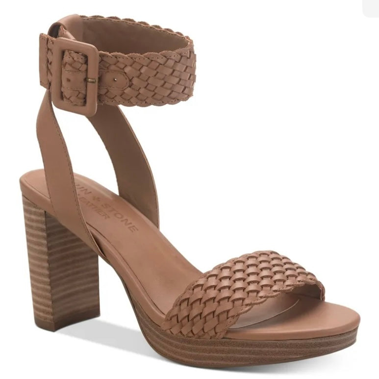 STEFANI Tan Woven Block Heel Platform Size 6.5 Women's Sandals