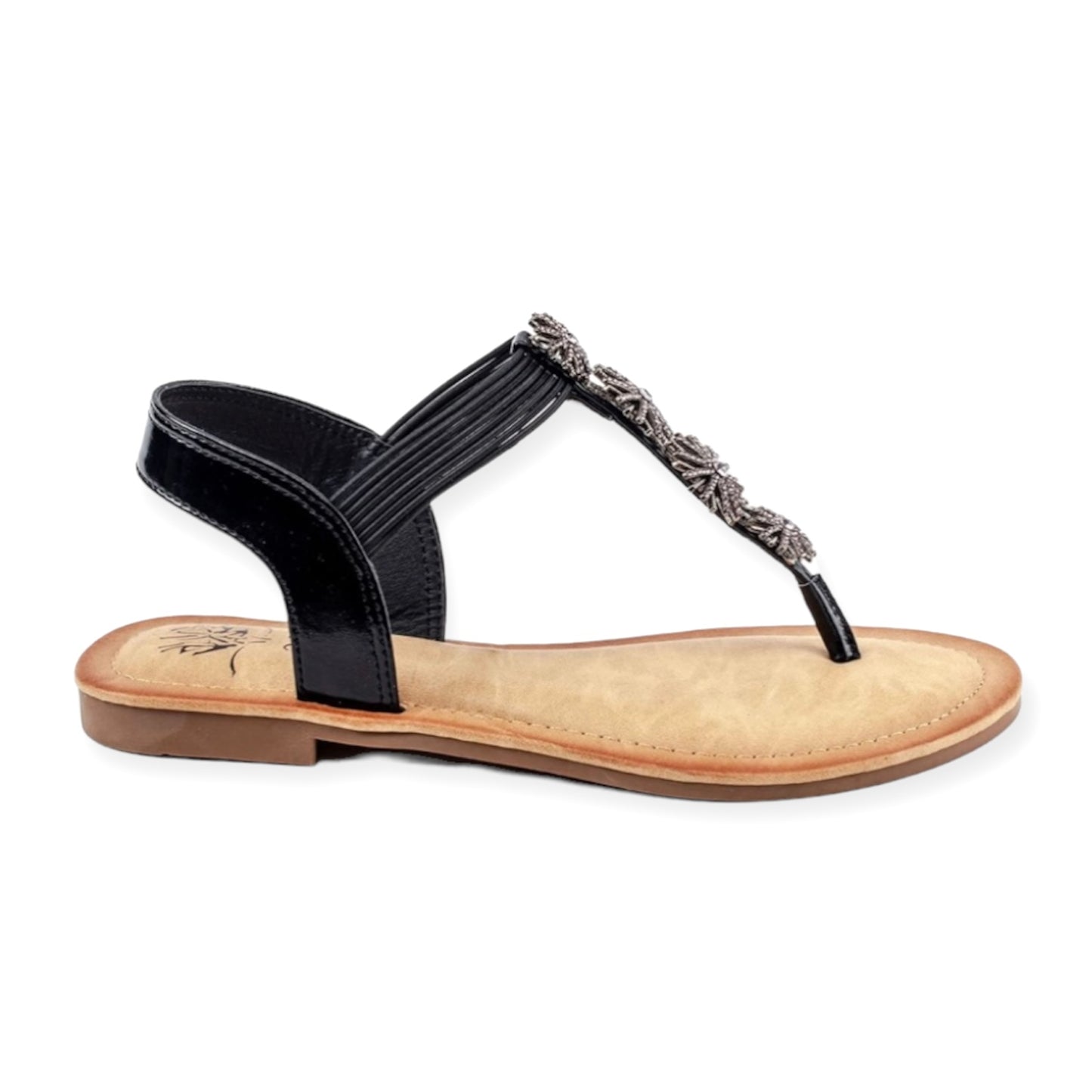 Carlie T-Strap Size 7 Black Slip On Open Toe Flat Women's Sandals