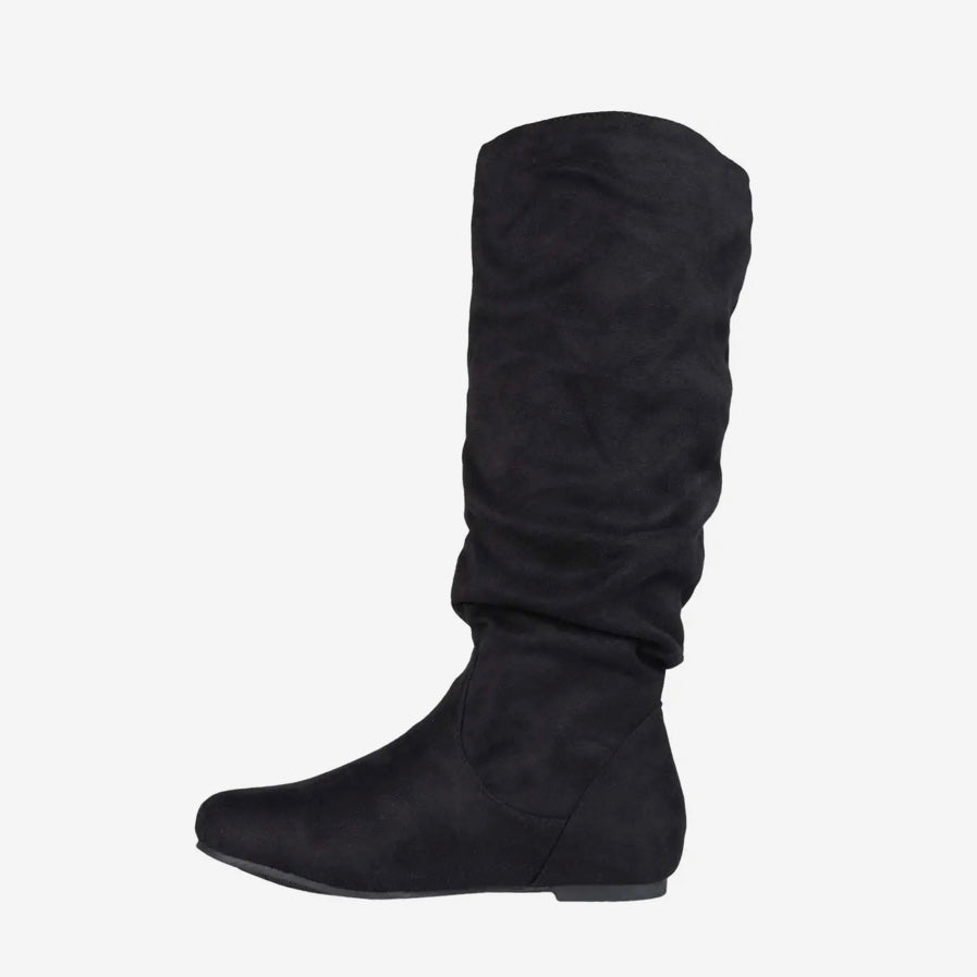 REBECCA-02 Black Fabric Pull On Round Toe Flats Knee High Women's Boots