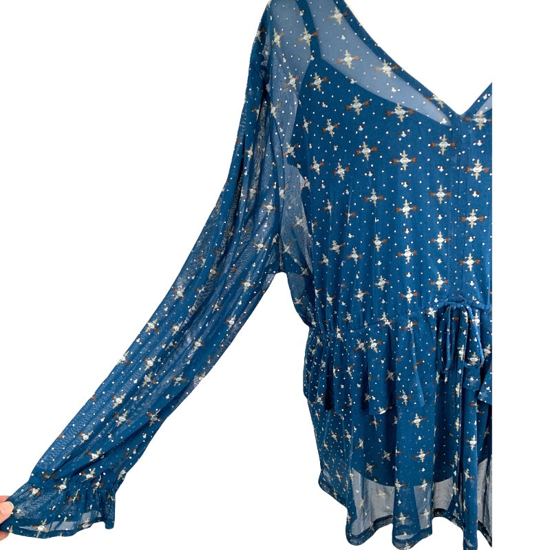 Plus Size Ruffle-Front Mesh Top Blue Long Sleeve Women's Blouses