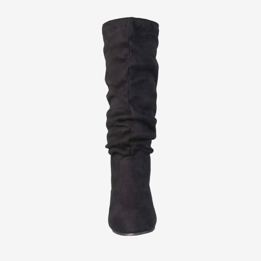REBECCA-02 Black Fabric Pull On Round Toe Flats Knee High Women's Boots