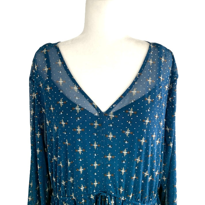 Plus Size Ruffle-Front Mesh Top Blue Long Sleeve Women's Blouses
