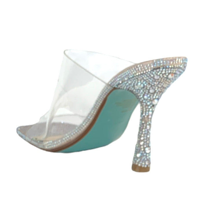 Silver Rhinestone Stiletto Heel Square Toe Clear Upper Women's Dress Sandals