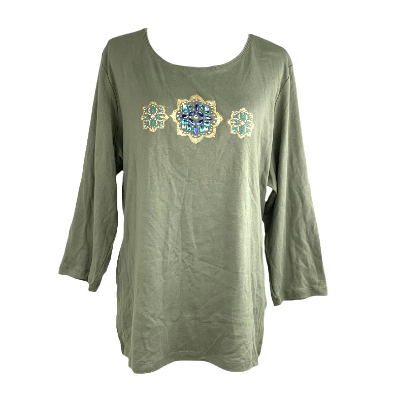 Olive Green ¾ Sleeve Plus Size 2X Scoop Neck Women's Sweaters