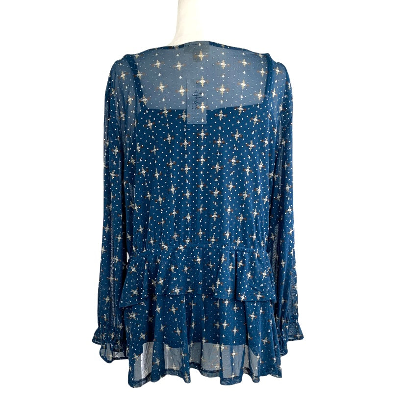 Plus Size Ruffle-Front Mesh Top Blue Long Sleeve Women's Blouses