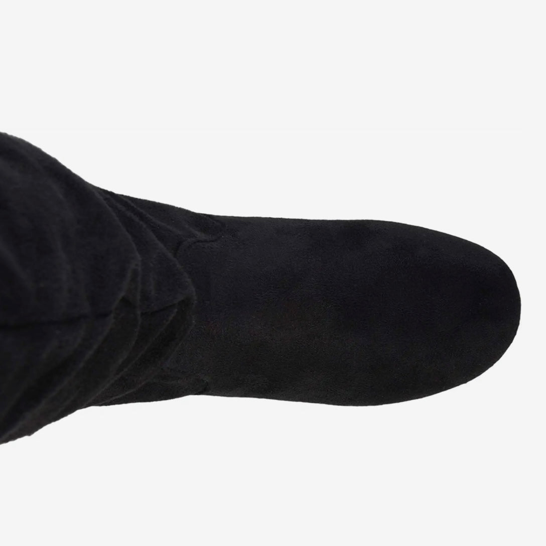 REBECCA-02 Black Fabric Pull On Round Toe Flats Knee High Women's Boots