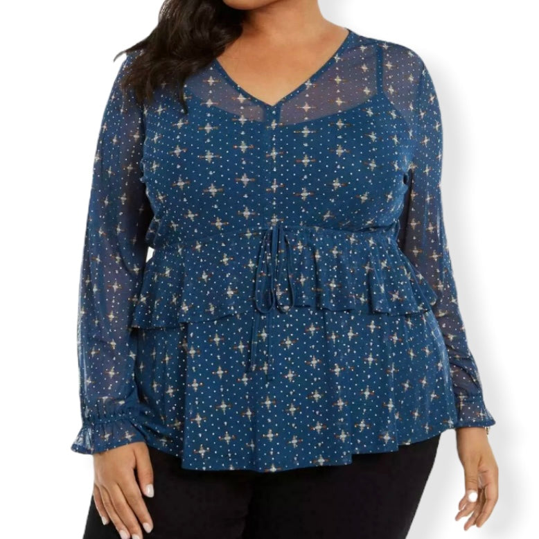 Plus Size Ruffle-Front Mesh Top Blue Long Sleeve Women's Blouses