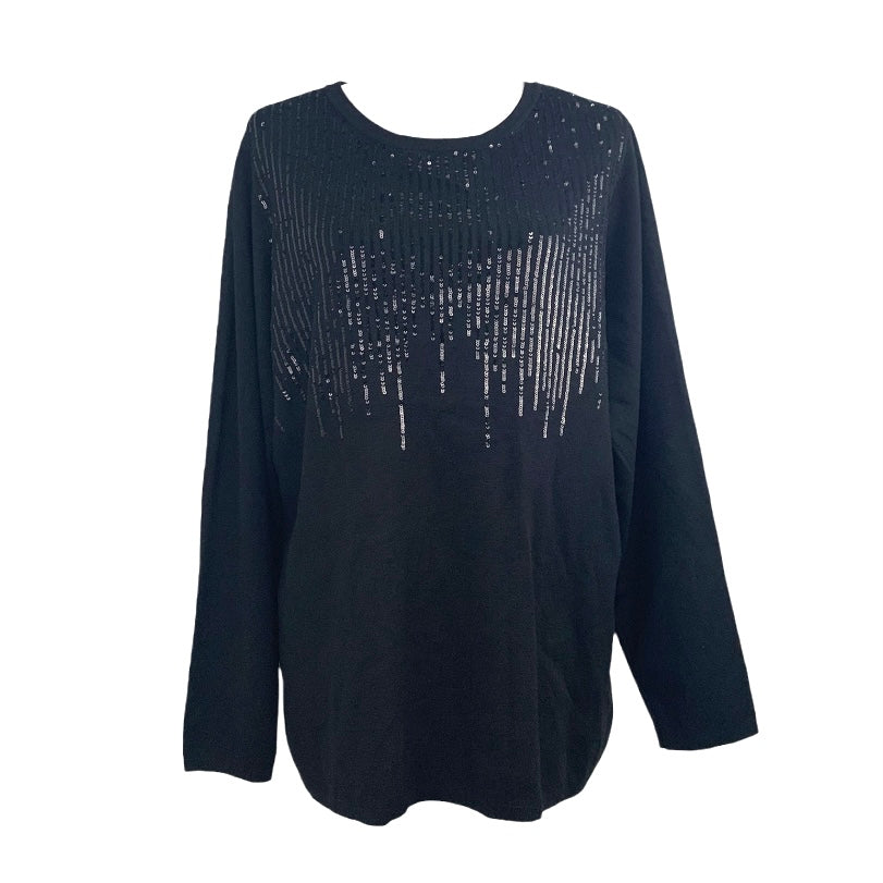 Black Sequin Long Sleeve Pull on Plus Size 2X Women's Sweaters