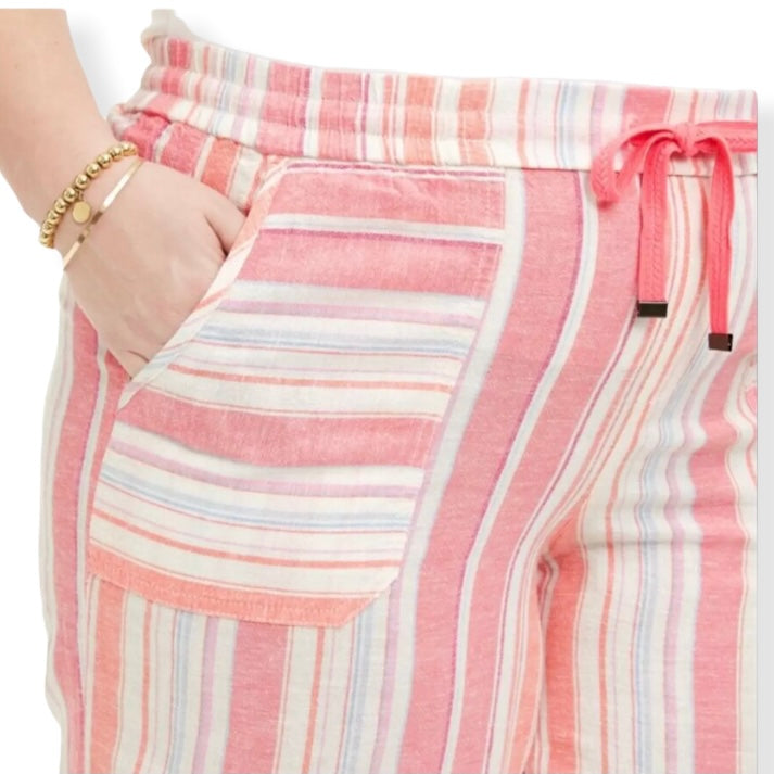 Women's Plus Size Multi-Stripe Linen Pants Wide Leg Cropped