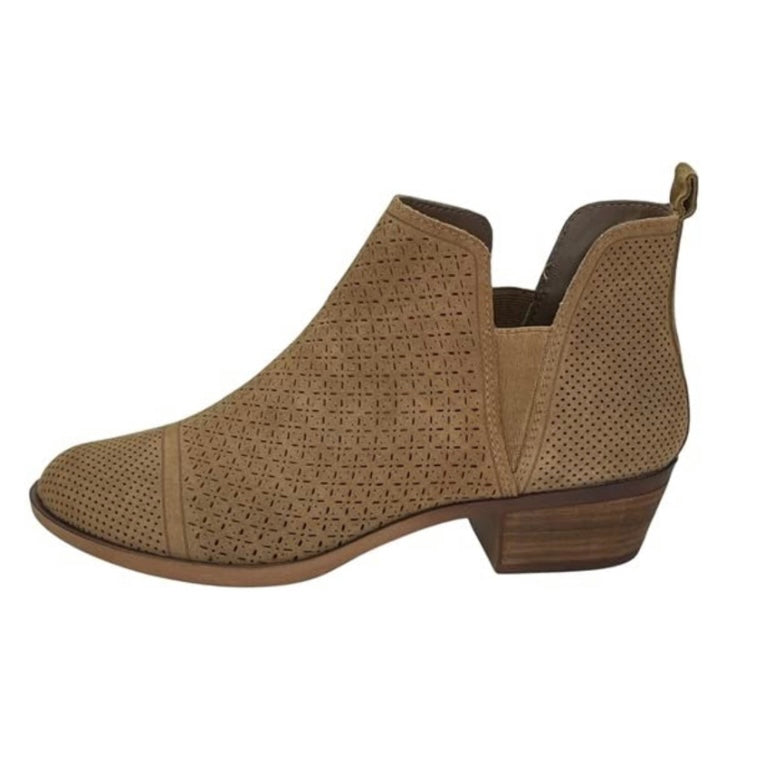 GLYNDA Sand Pull On Block Heel Almond Toe Booties Women's Ankle Boots