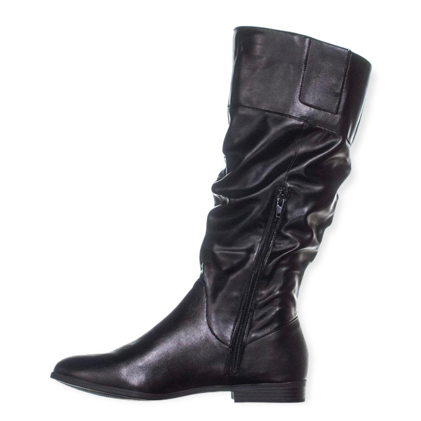 KELIMAEP Black Ruched Round Toe Zip Up Women's Riding Boots