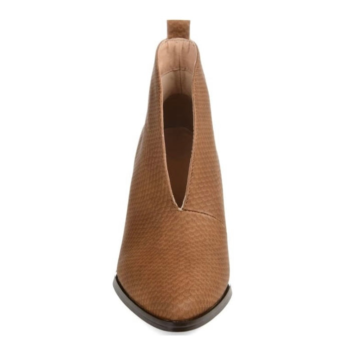 BELLAMY Tan Pull On Block Heel Almond Toe Booties Women's Ankle Boots