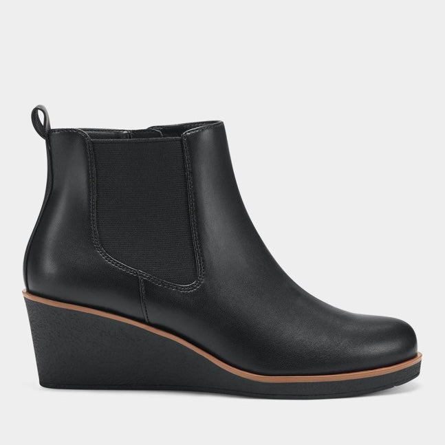 BRANDI Black Zip Up Slip On Booties Wedge Heels Women's Ankle Boots