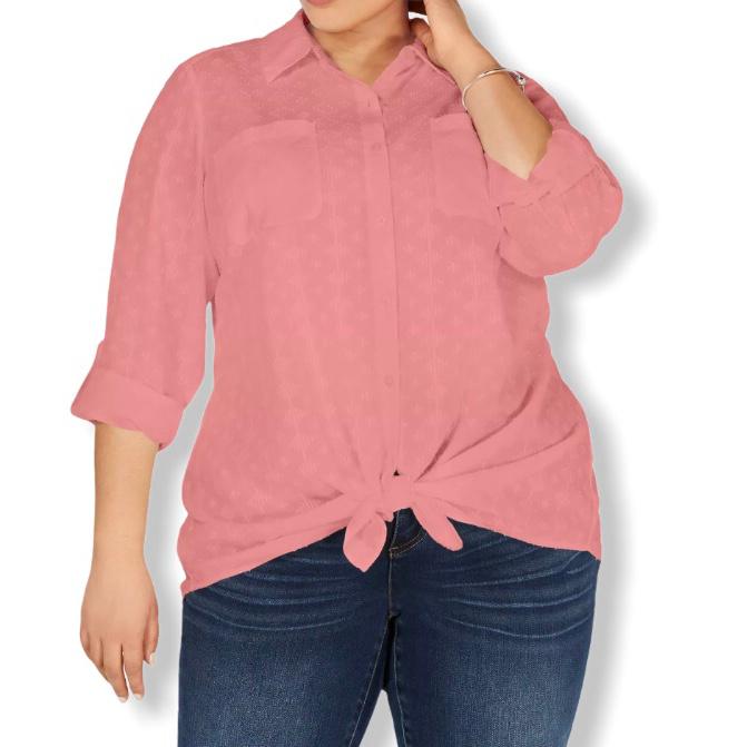 Cotton Textured Button Down Tops Plus Size 2X Women's Shirt