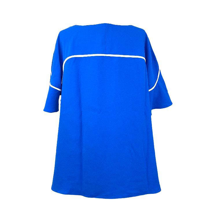 Blue/White Piping Tops Short Sleeve Scoop Neck Plus Size 0X Women's Blouse