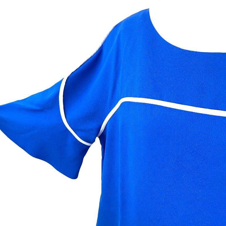 Blue/White Piping Tops Short Sleeve Scoop Neck Plus Size 0X Women's Blouse