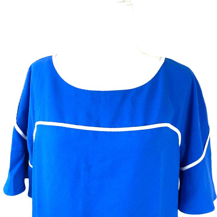 Blue/White Piping Tops Short Sleeve Scoop Neck Plus Size 0X Women's Blouse