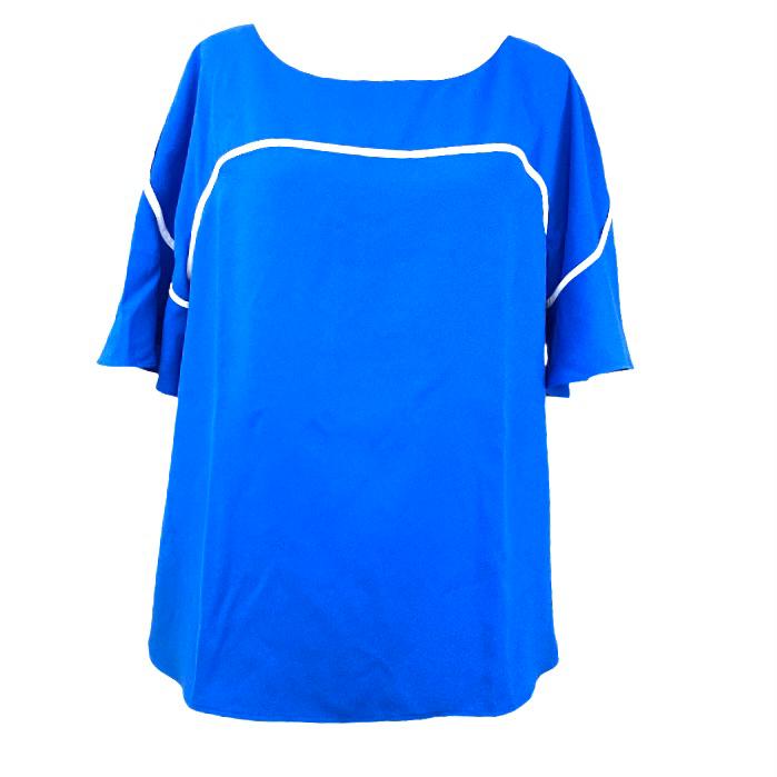 Blue/White Piping Tops Short Sleeve Scoop Neck Plus Size 0X Women's Blouse