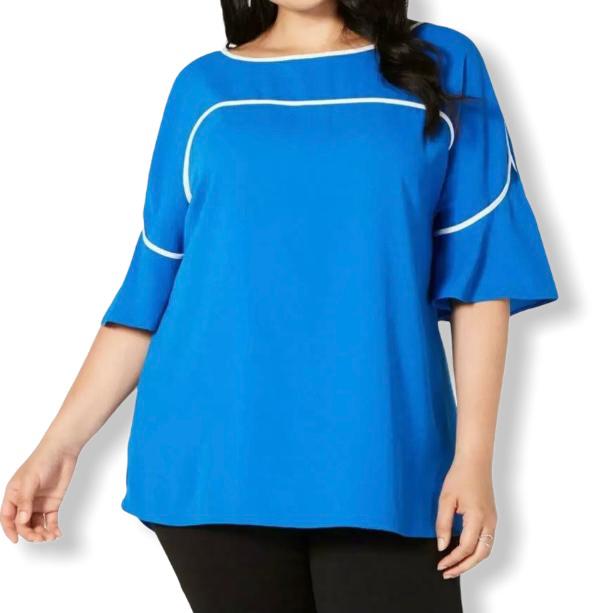 Blue/White Piping Tops Short Sleeve Scoop Neck Plus Size 0X Women's Blouse