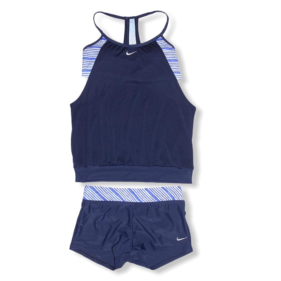 Blue/White 2-pieces Set Tankini/Bottom Size S High Neck Women's Swimwear