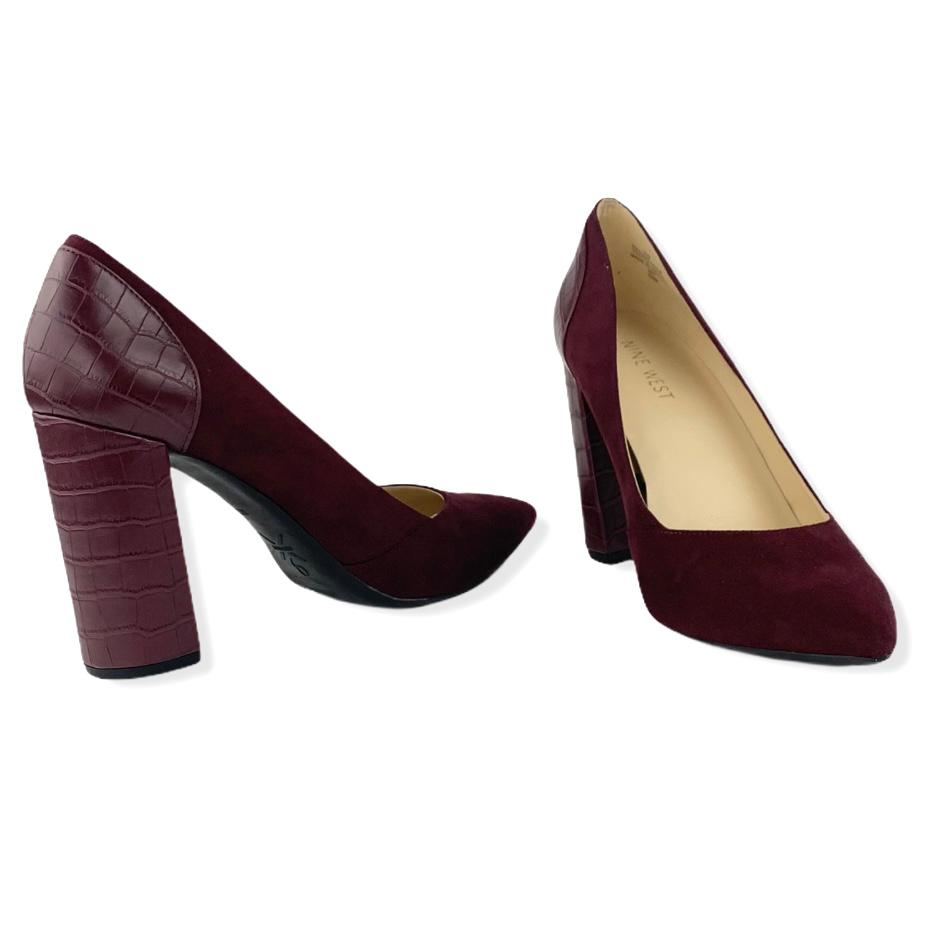 Wine Red Suede/Faux Leather Block Heel Pointed Toe Size 8.5M Women's Pumps