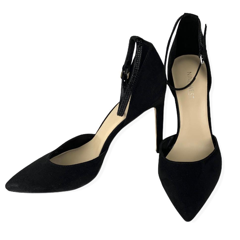 Black Suede Stiletto Heels Pointed Toe Ankle Strap Size 10 Women's Pumps