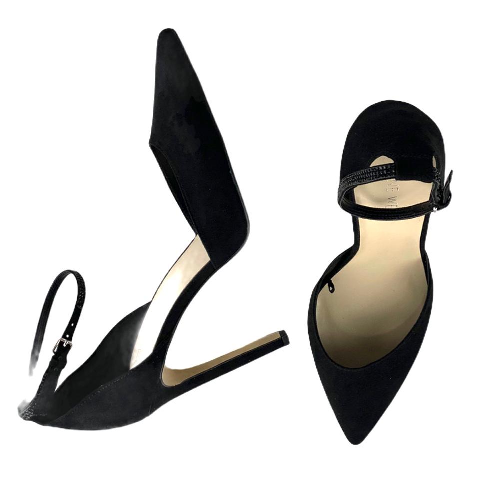Black Suede Stiletto Heels Pointed Toe Ankle Strap Size 10 Women's Pumps