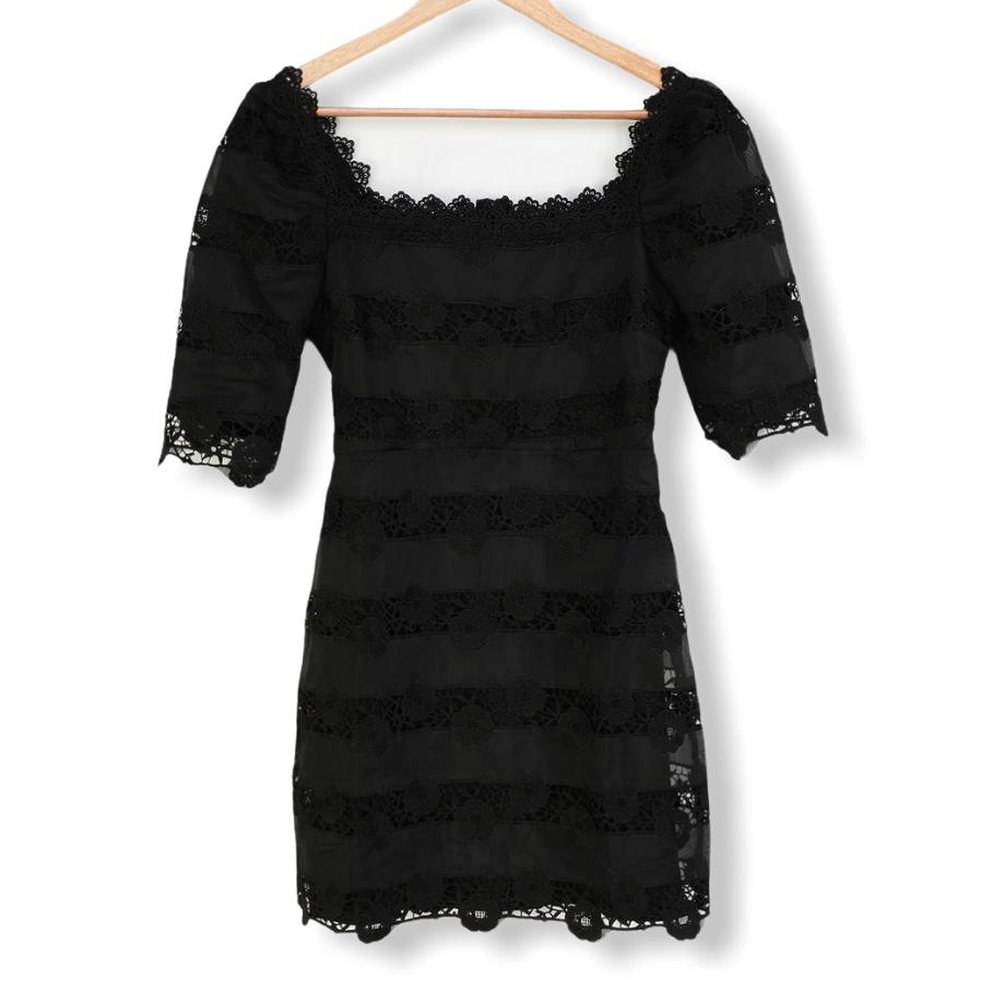 Black Lace Square Neck Bodycon Elbow Sleeve Size M Women's Dress