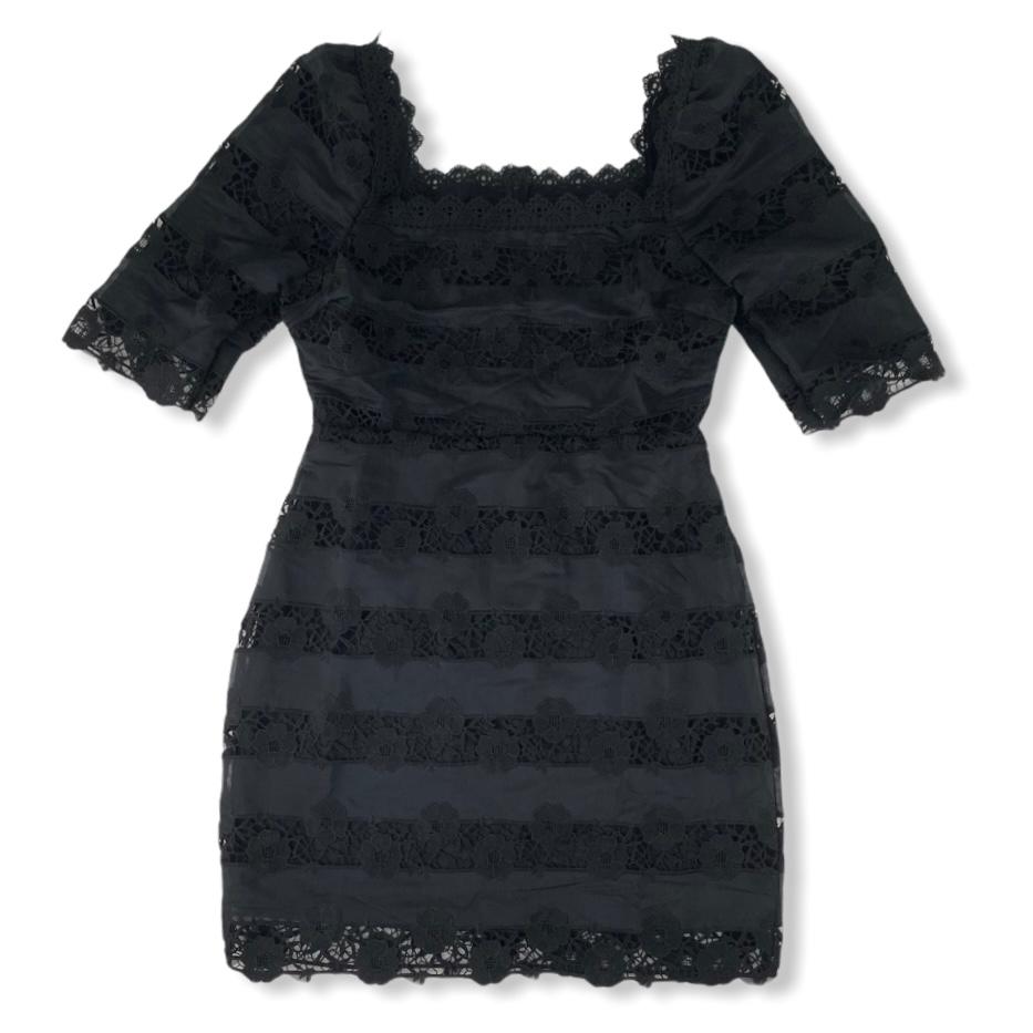 Black Lace Square Neck Bodycon Elbow Sleeve Size M Women's Dress