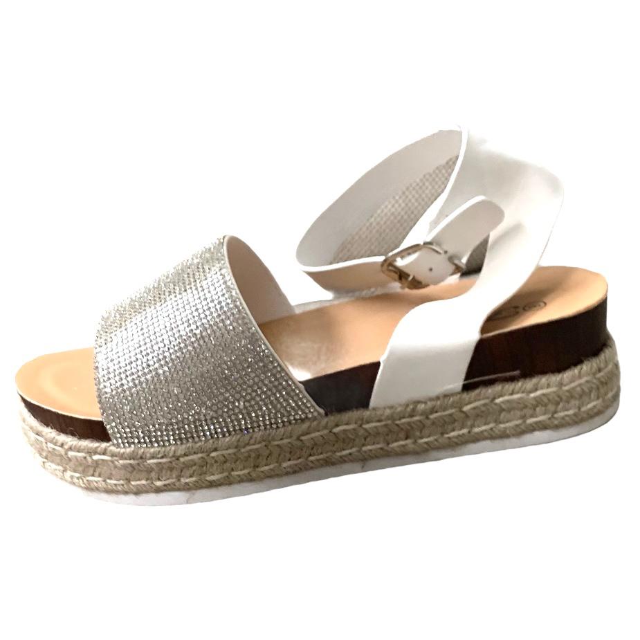 White/Silver Rhinestone Espadrille Ankle Buckle Women's Sandals