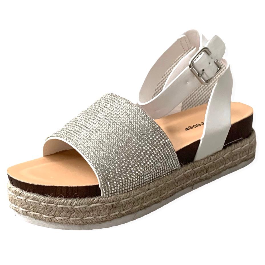 White/Silver Rhinestone Espadrille Ankle Buckle Women's Sandals