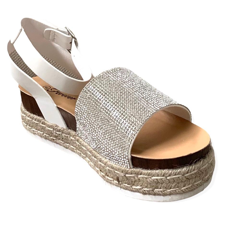 White/Silver Rhinestone Espadrille Ankle Buckle Women's Sandals