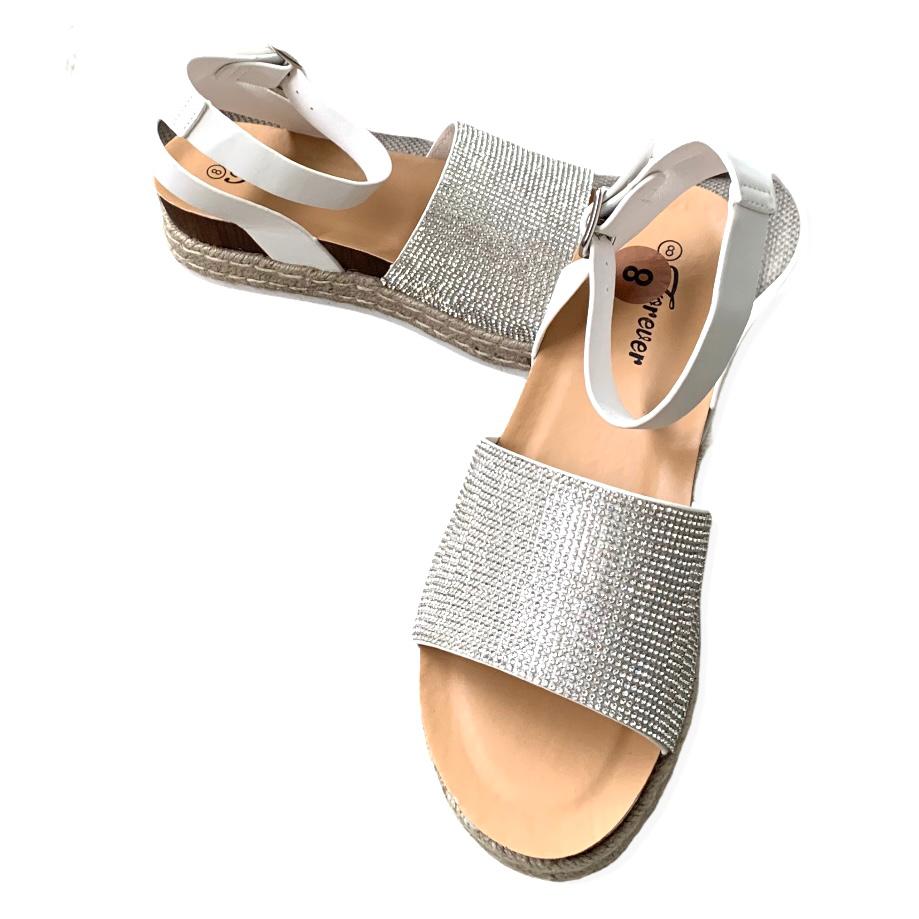 White/Silver Rhinestone Espadrille Ankle Buckle Women's Sandals