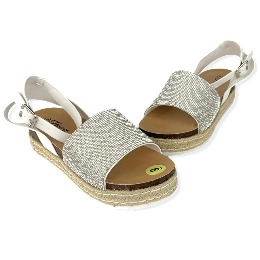 White/Silver Rhinestone Espadrille Ankle Buckle Women's Sandals