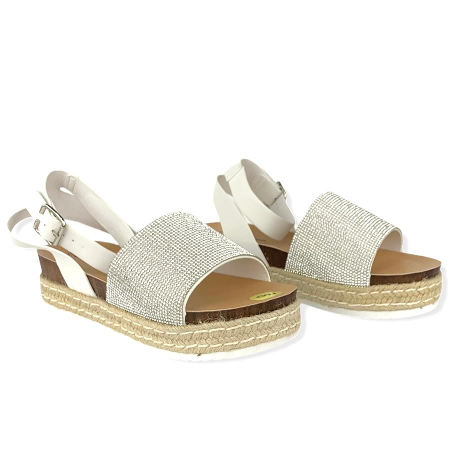 White/Silver Rhinestone Espadrille Ankle Buckle Women's Sandals
