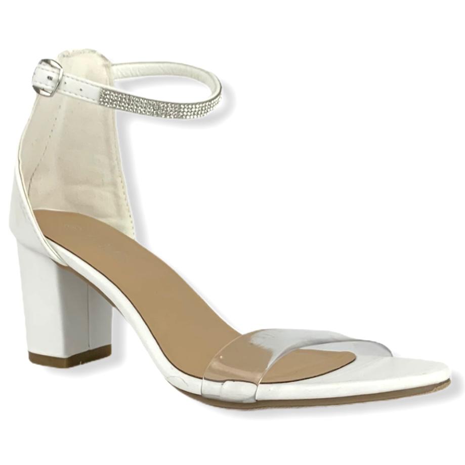 Clear Band Rhinestone Ankle Strap White Block Heel Size 9 Women's Sandals