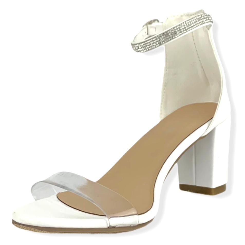 Clear Band Rhinestone Ankle Strap White Block Heel Size 9 Women's Sandals