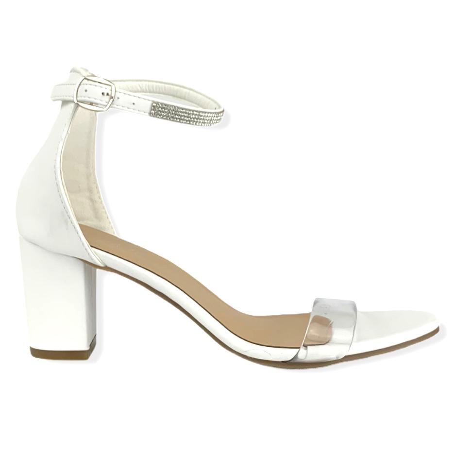 Clear Band Rhinestone Ankle Strap White Block Heel Size 9 Women's Sandals