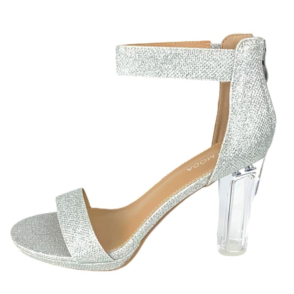 Women's Glitter Silver Block Heel Sandals
