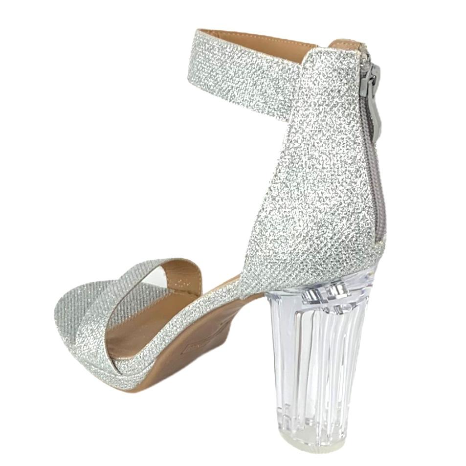 Women's Glitter Silver Block Heel Sandals